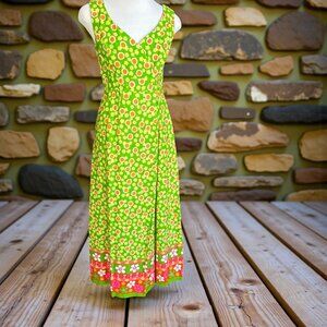 Hawaii Nei Vintage 60s 70s Green Orange Floral Barkcloth Maxi Wrap Hostess Dress
